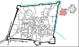 Casella di testo:  Fig.1, la citt di Pistoia e le aree cimiteriali ad est